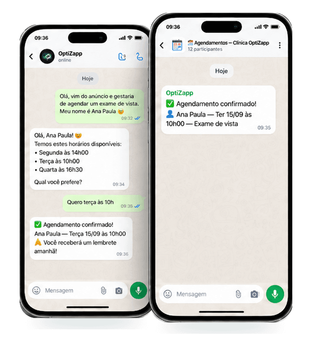 Inteligência Artificial do OptiZapp agendando um exame pelo WhatsApp e avisando o grupo da clínica